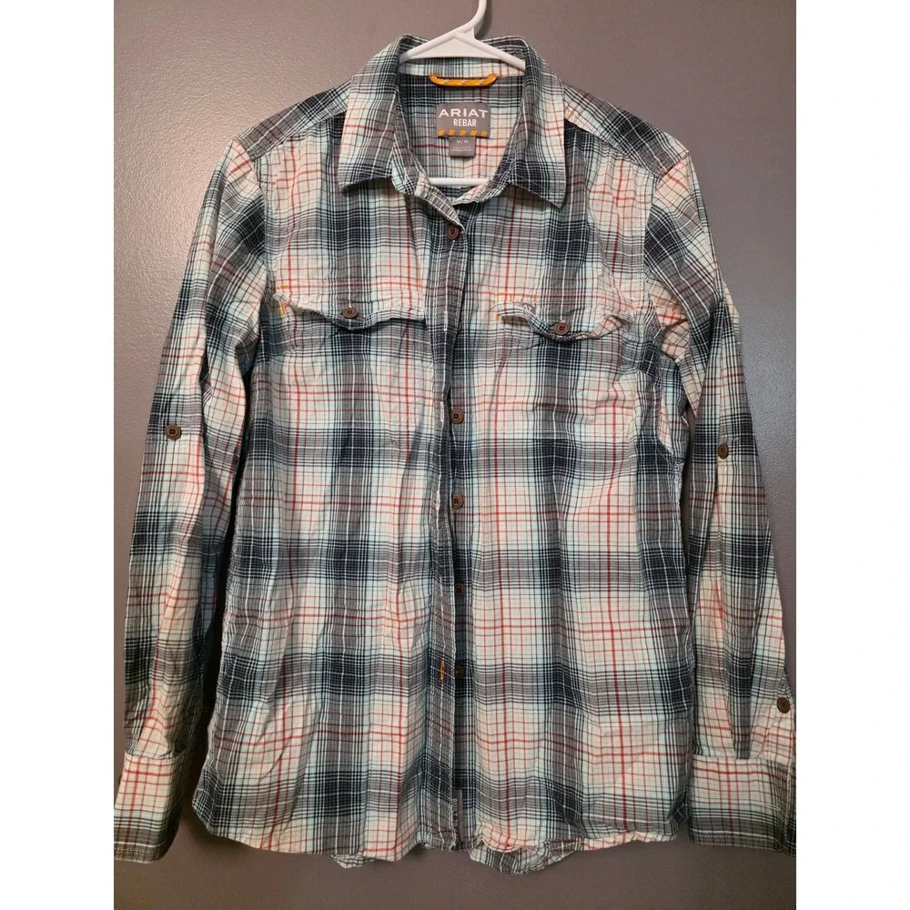 Ariat Rebar Mens Plaid Long Sleeve Work Shirt Blue Orange Button Down Medium